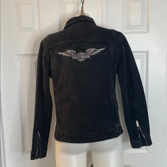 Harley Davidson Black Jean Denim Jacket With Silver Embroidered Wings size S - Picture 8 of 10